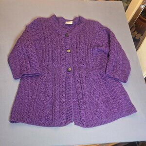 Kilronan Knitwear Purple Merino Wool Cable Knit Cardigan Sweater Size XL